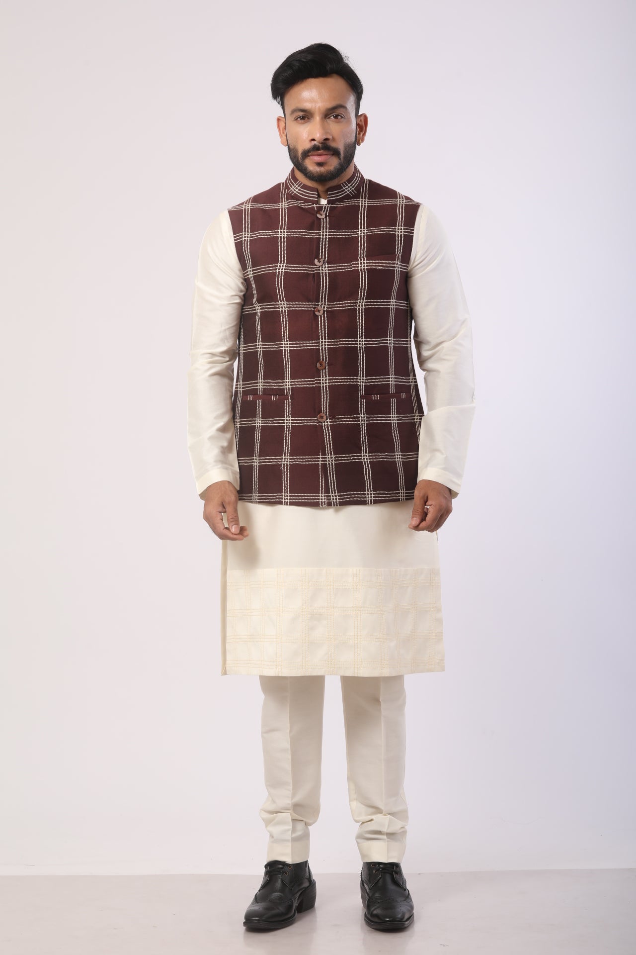 Affifa Eggplant Nehru Jacket Kurta Set in Katan Silk