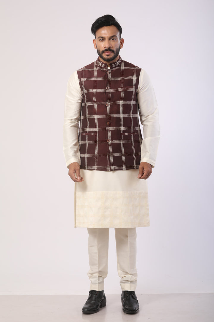 Affifa Eggplant Nehru Jacket Kurta Set in Katan Silk