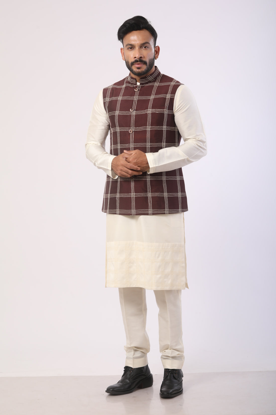 Affifa Eggplant Nehru Jacket Kurta Set in Katan Silk