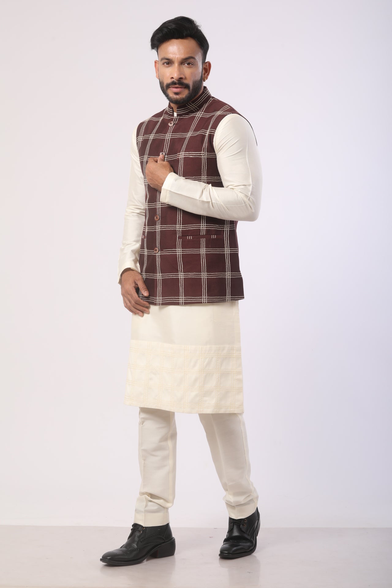 Affifa Eggplant Nehru Jacket Kurta Set in Katan Silk