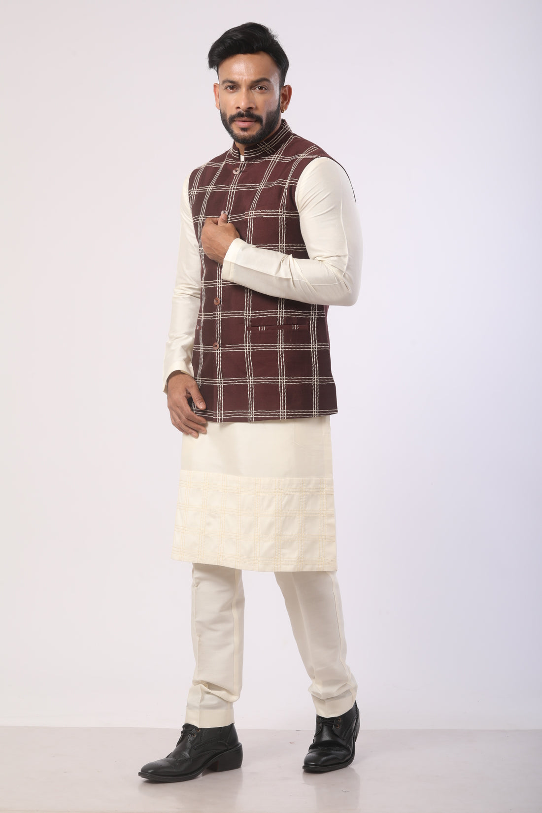 Affifa Eggplant Nehru Jacket Kurta Set in Katan Silk