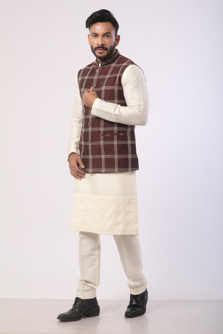 Affifa Eggplant Nehru Jacket Kurta Set in Katan Silk