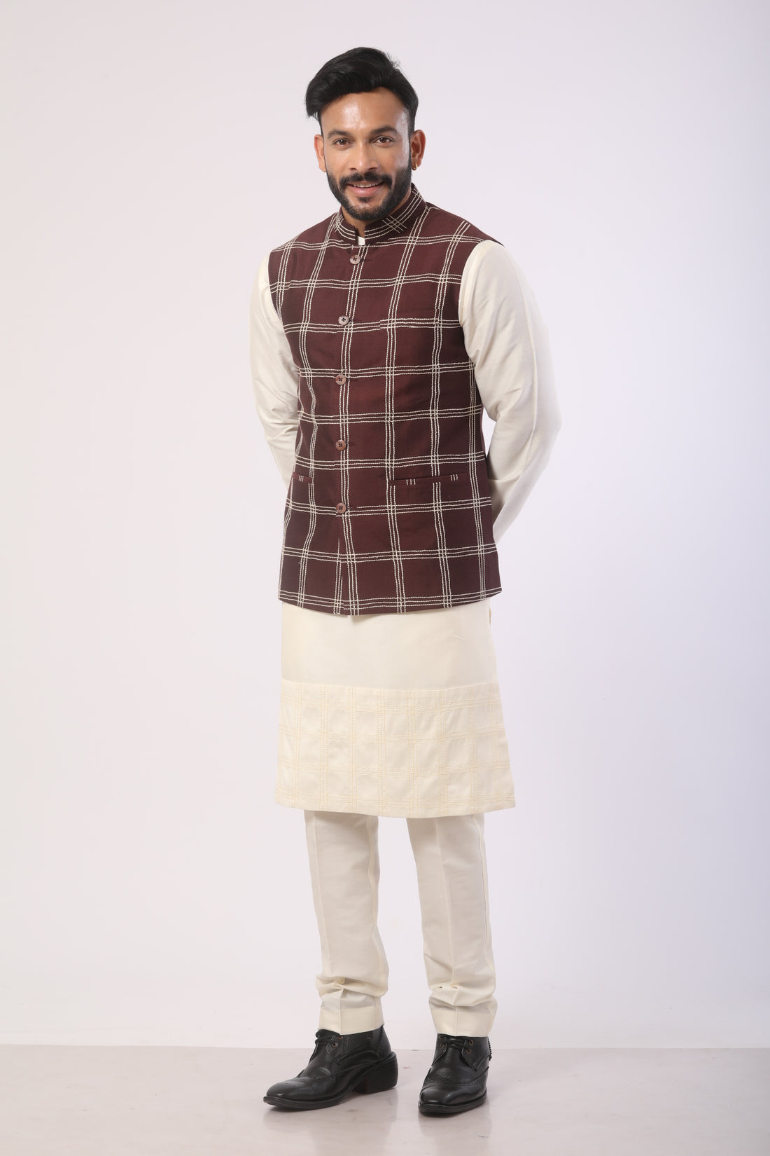 Affifa Eggplant Nehru Jacket Kurta Set in Katan Silk