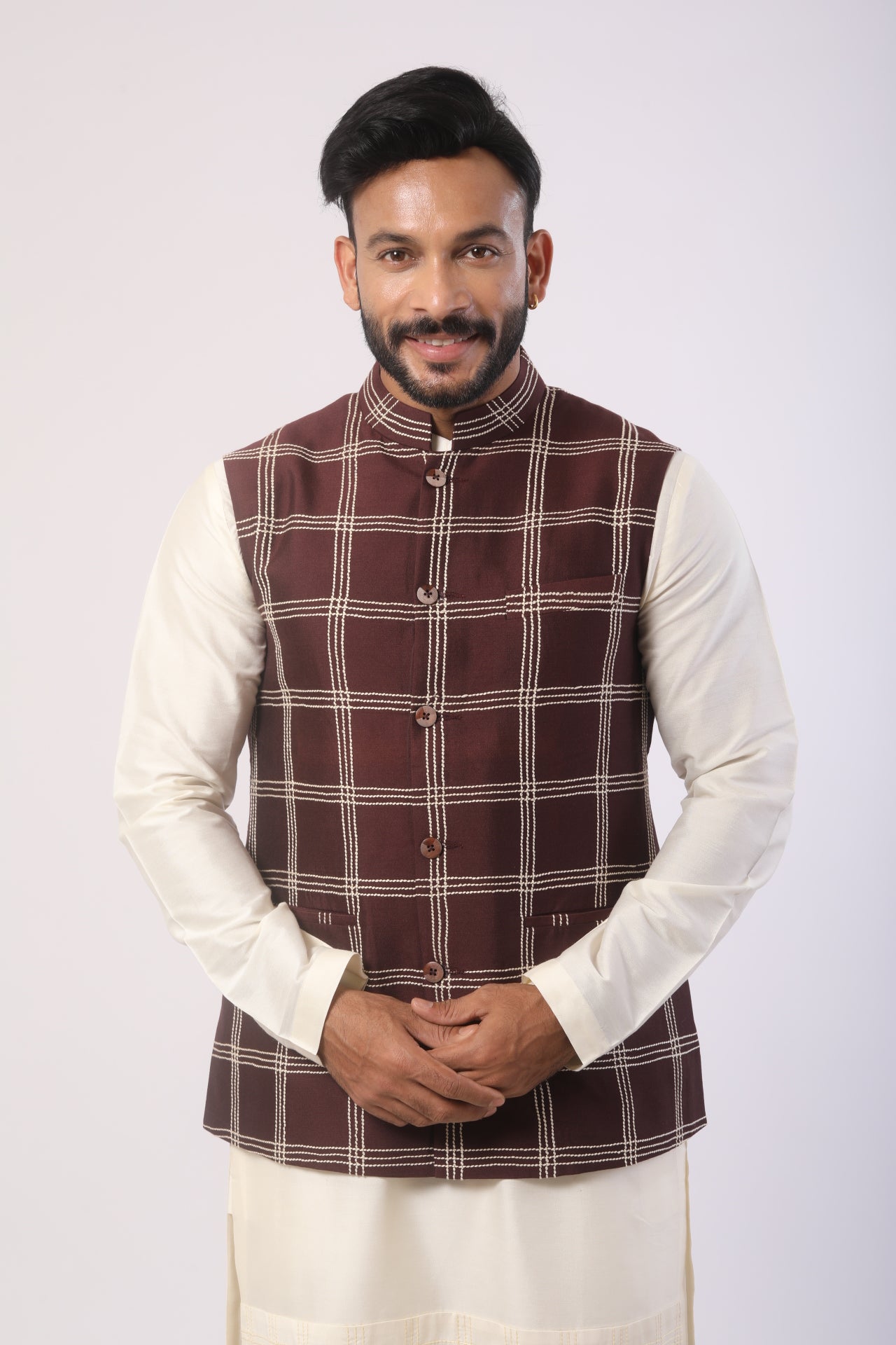 Affifa Eggplant Nehru Jacket Kurta Set in Katan Silk
