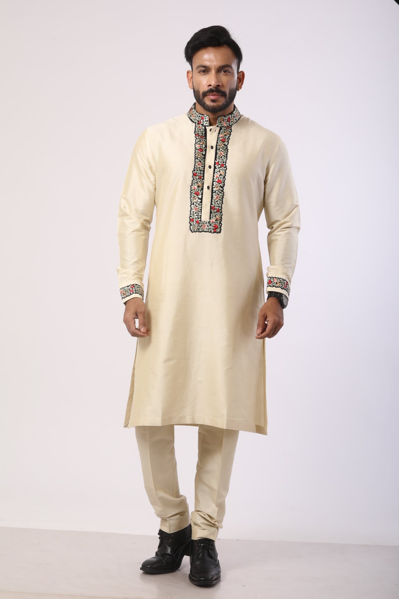 Bone Brown Velvet Kurta Set with Thread Embroidery
