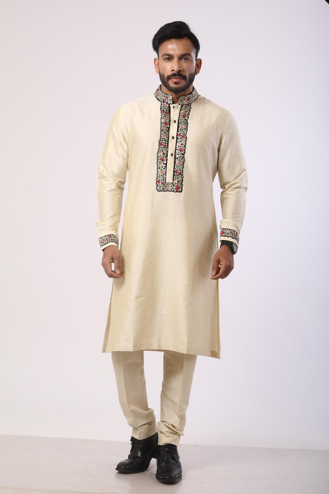 Bone Brown Velvet Kurta Set with Thread Embroidery