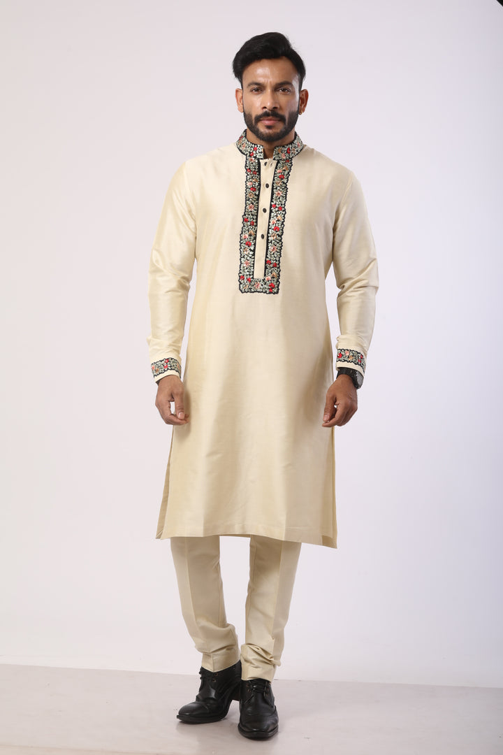 Bone Brown Velvet Kurta Set with Thread Embroidery