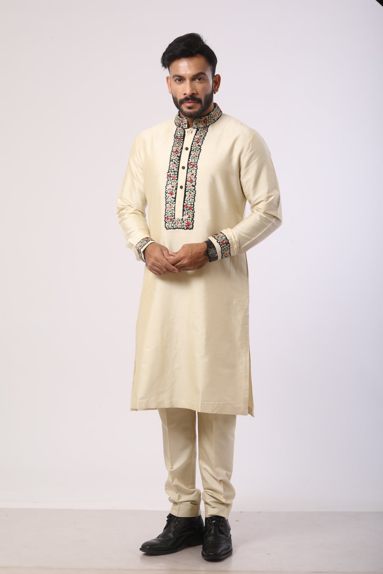 Bone Brown Velvet Kurta Set with Thread Embroidery