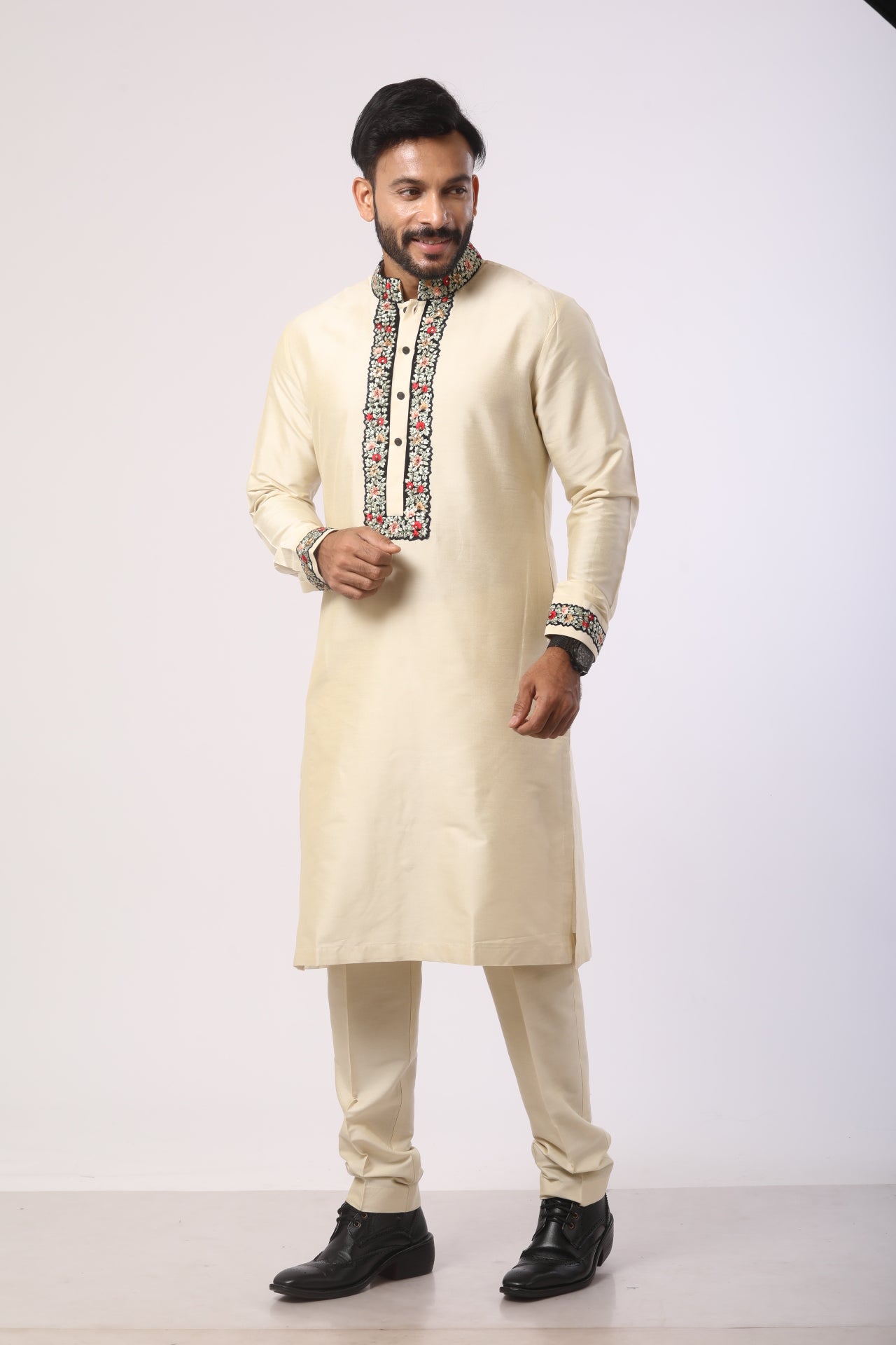 Bone Brown Velvet Kurta Set with Thread Embroidery