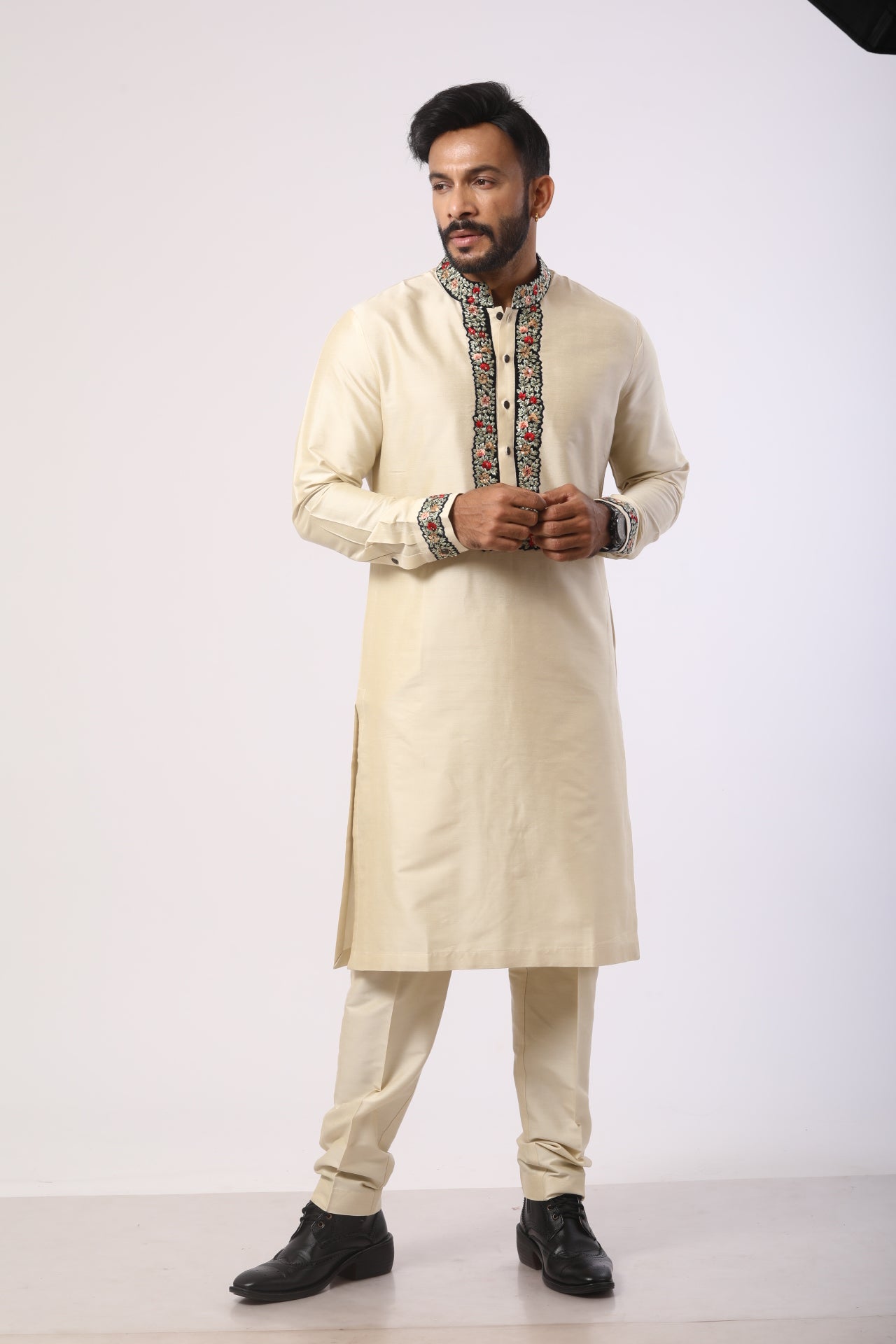 Bone Brown Velvet Kurta Set with Thread Embroidery