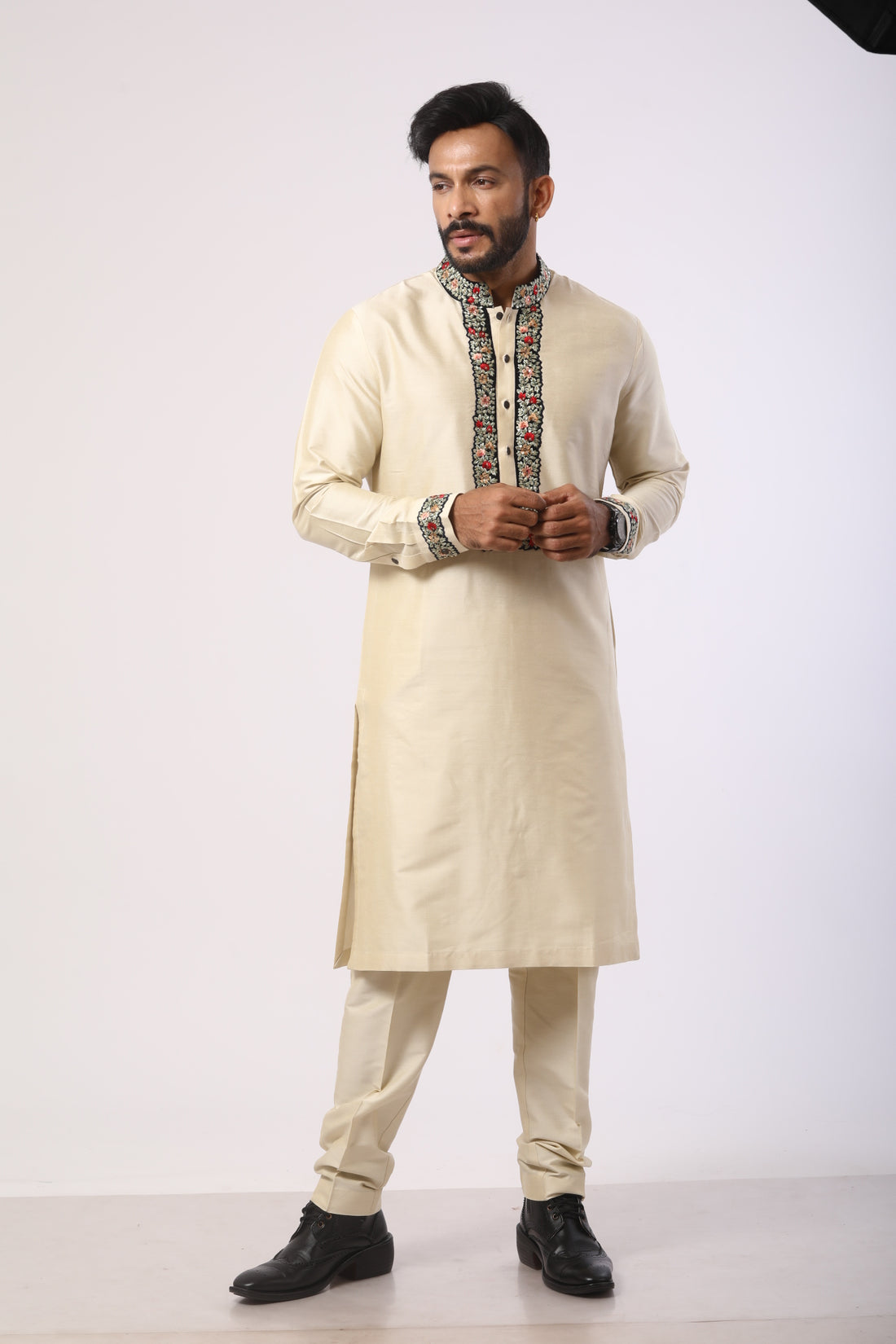 Bone Brown Velvet Kurta Set with Thread Embroidery