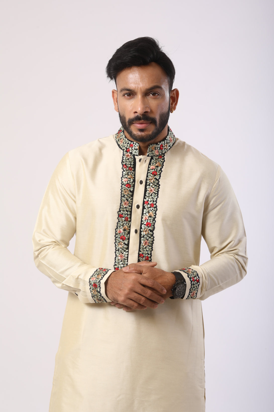 Bone Brown Velvet Kurta Set with Thread Embroidery