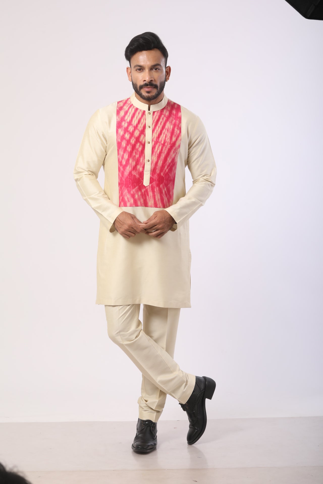 Beige Katan Silk Kurta Set with Thread Embroidery – Straight-Fit Pant
