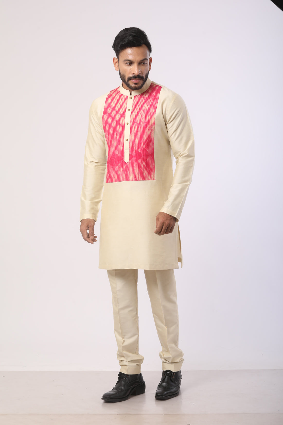 Beige Katan Silk Kurta Set with Thread Embroidery – Straight-Fit Pant