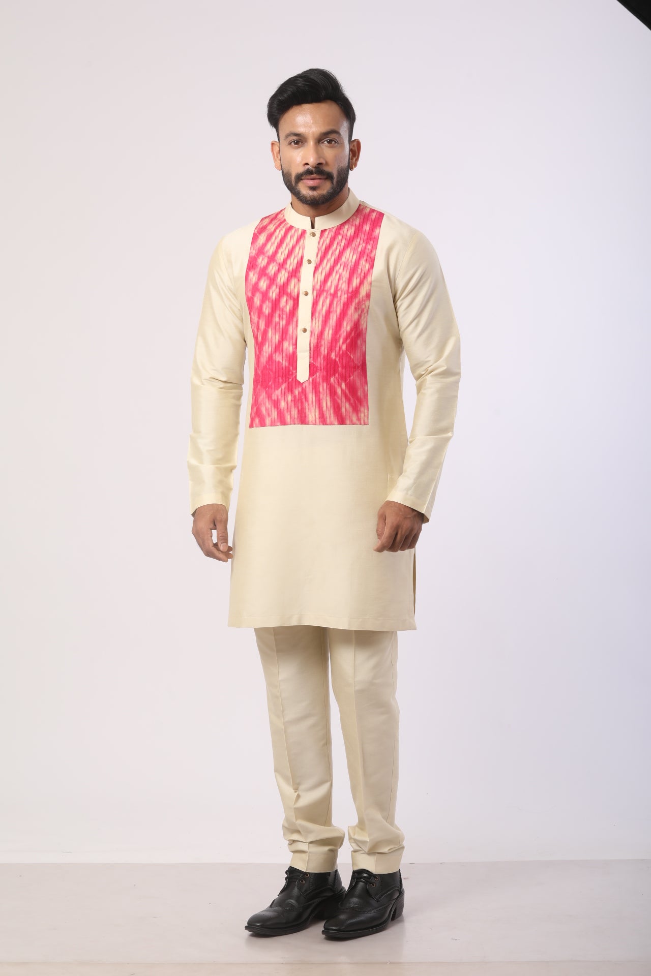 Beige Katan Silk Kurta Set with Thread Embroidery – Straight-Fit Pant