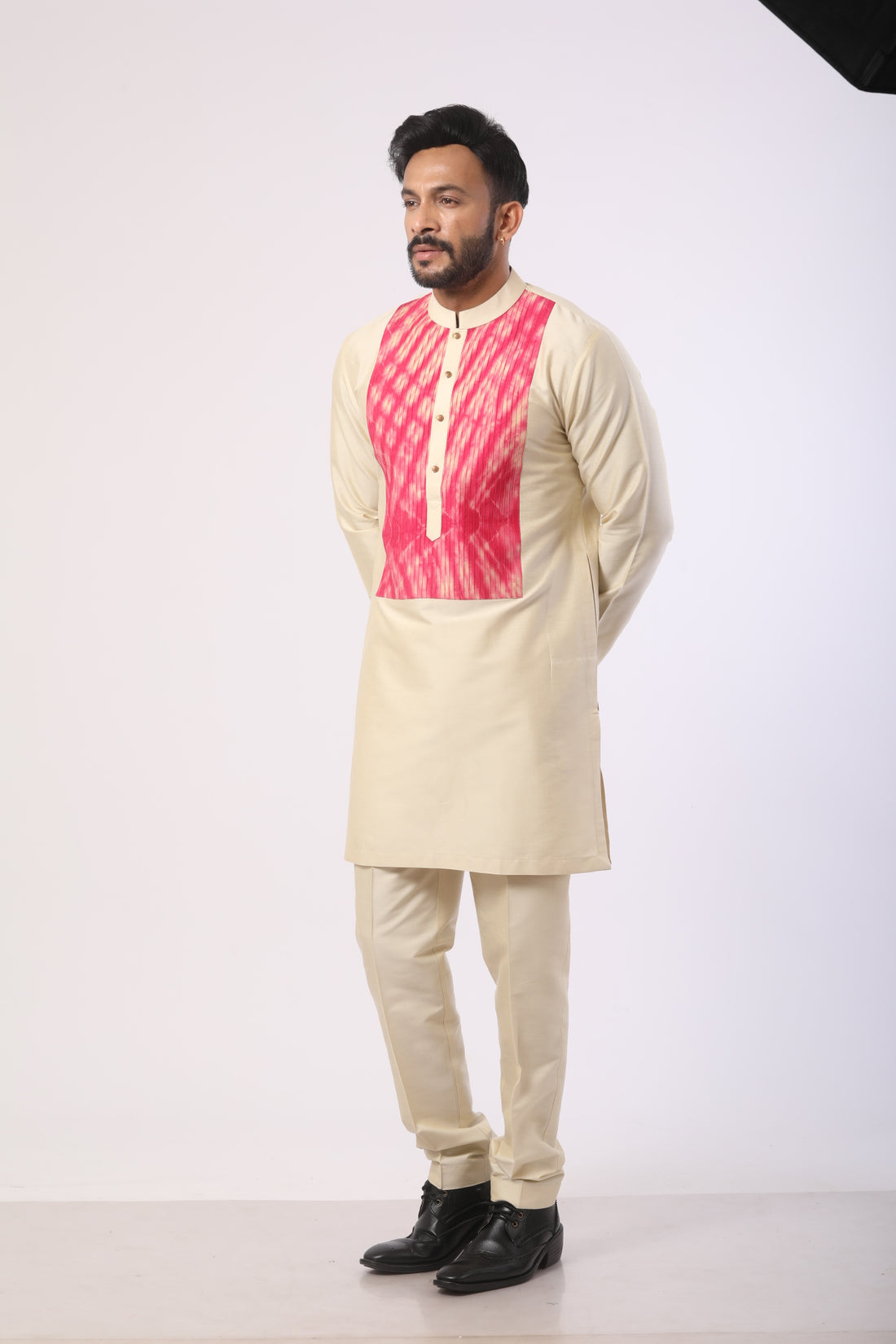 Beige Katan Silk Kurta Set with Thread Embroidery – Straight-Fit Pant