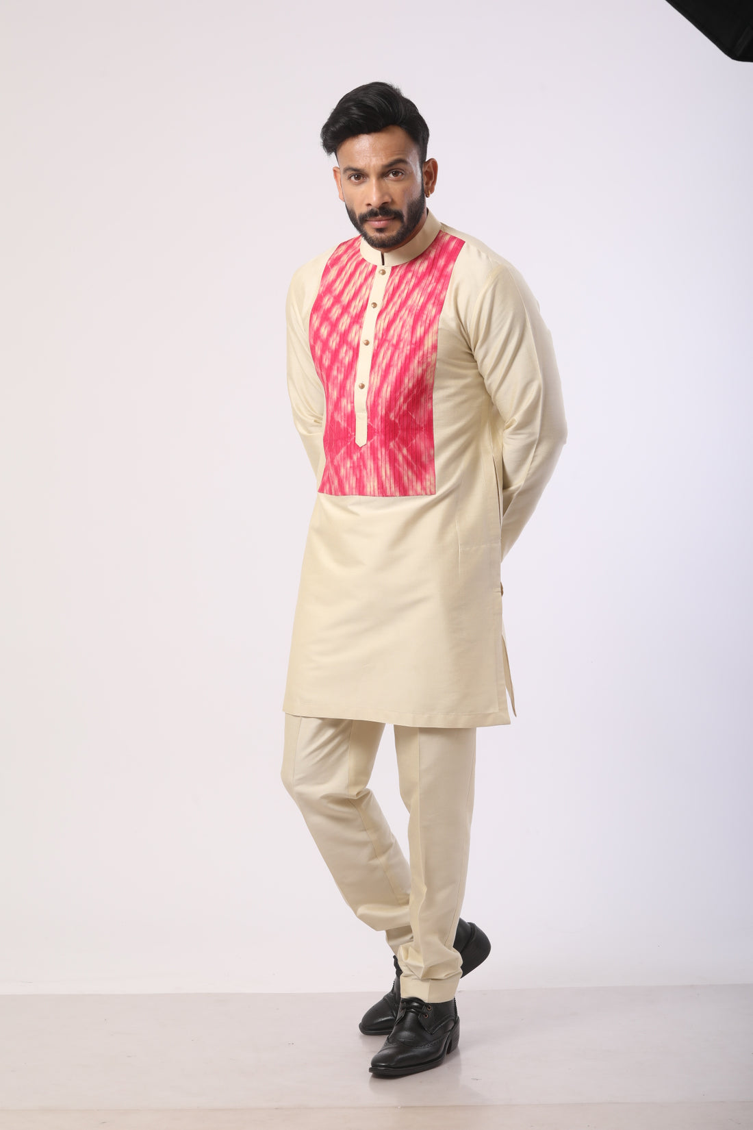 Beige Katan Silk Kurta Set with Thread Embroidery – Straight-Fit Pant