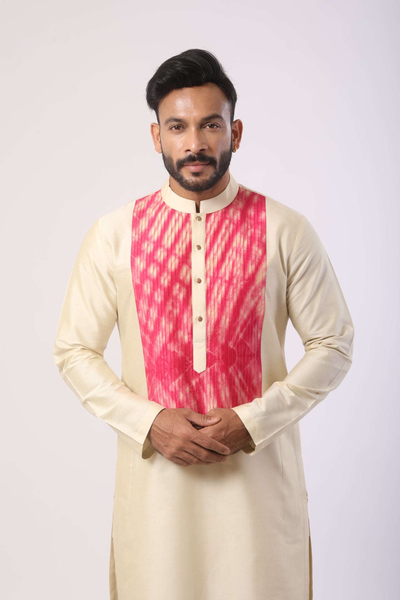 Beige Katan Silk Kurta Set with Thread Embroidery – Straight-Fit Pant