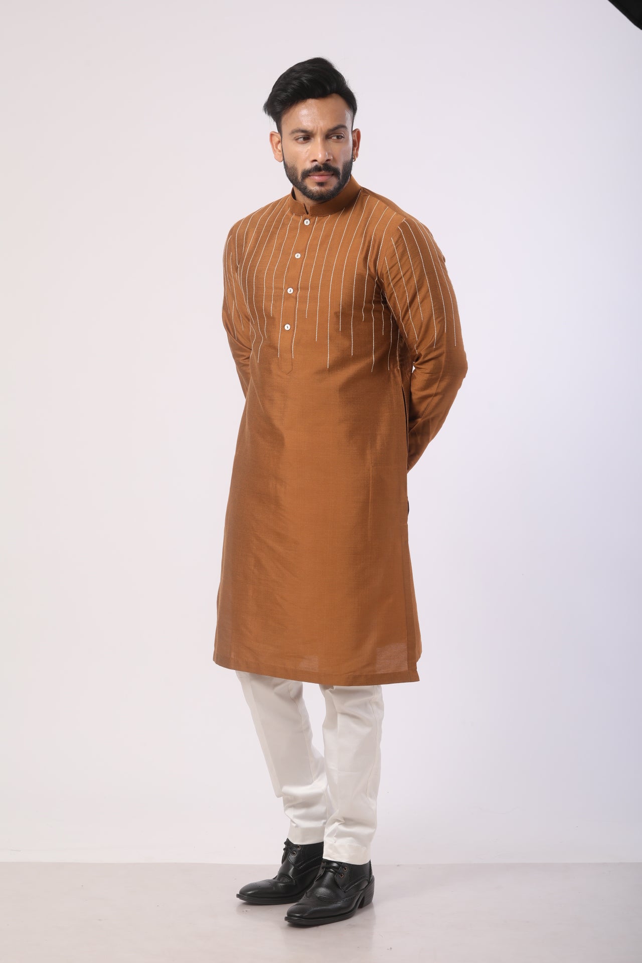 Brown Katan Silk Kurta with White Lycra Satin Pants