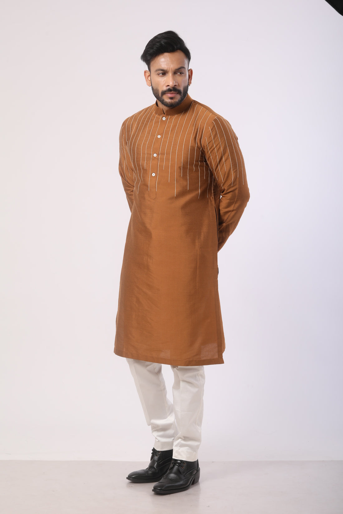 Brown Katan Silk Kurta with White Lycra Satin Pants