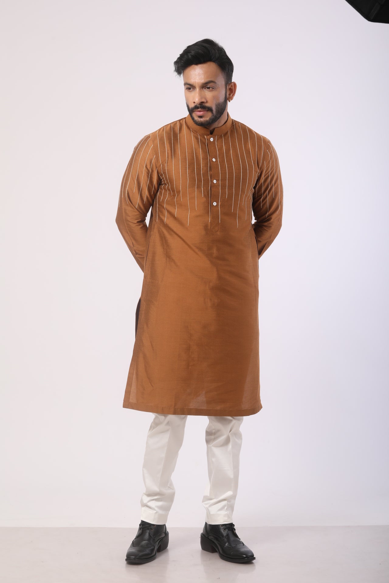 Brown Katan Silk Kurta with White Lycra Satin Pants