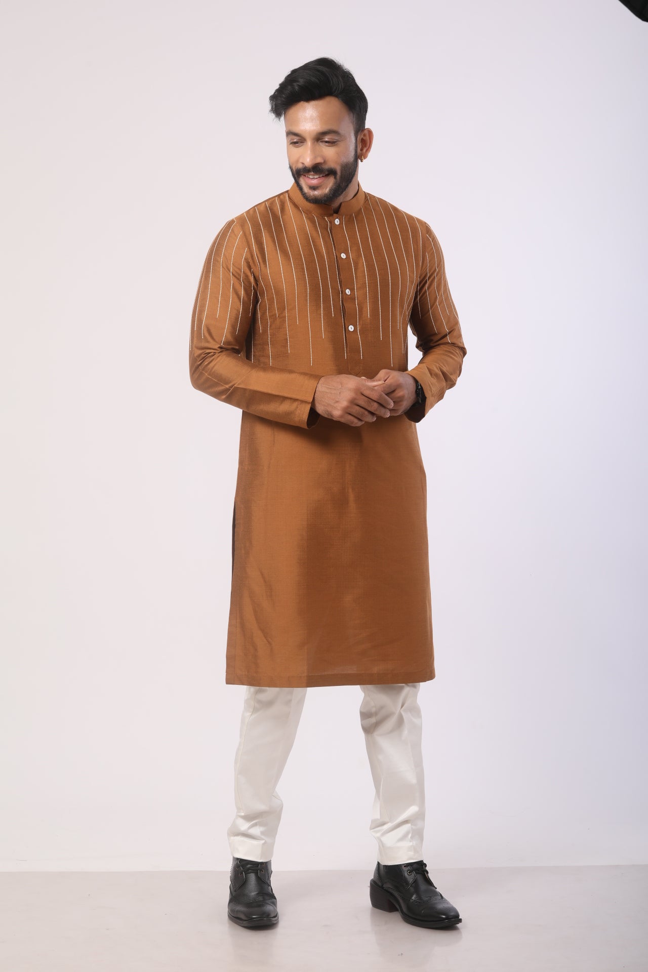 Brown Katan Silk Kurta with White Lycra Satin Pants