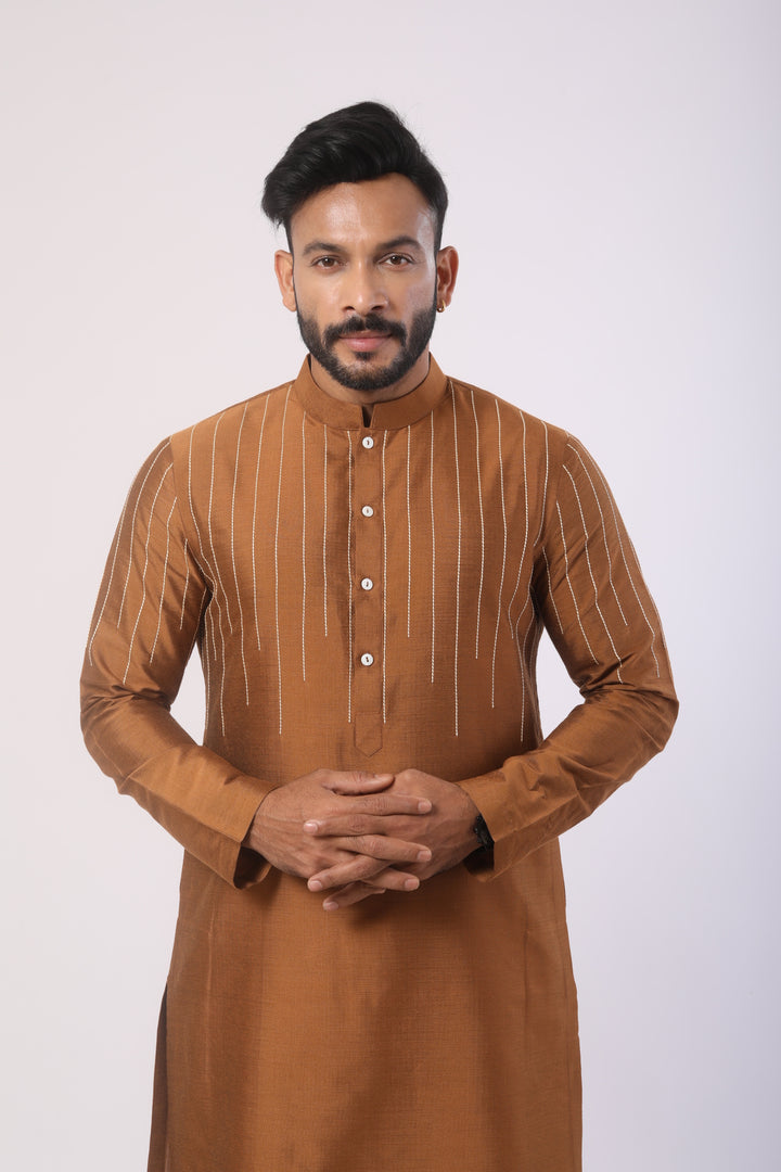 Brown Katan Silk Kurta with White Lycra Satin Pants