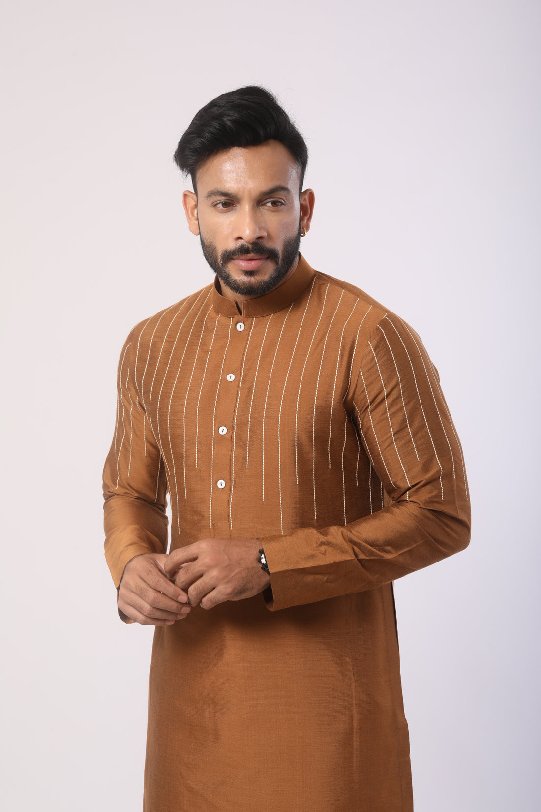 Brown Katan Silk Kurta with White Lycra Satin Pants