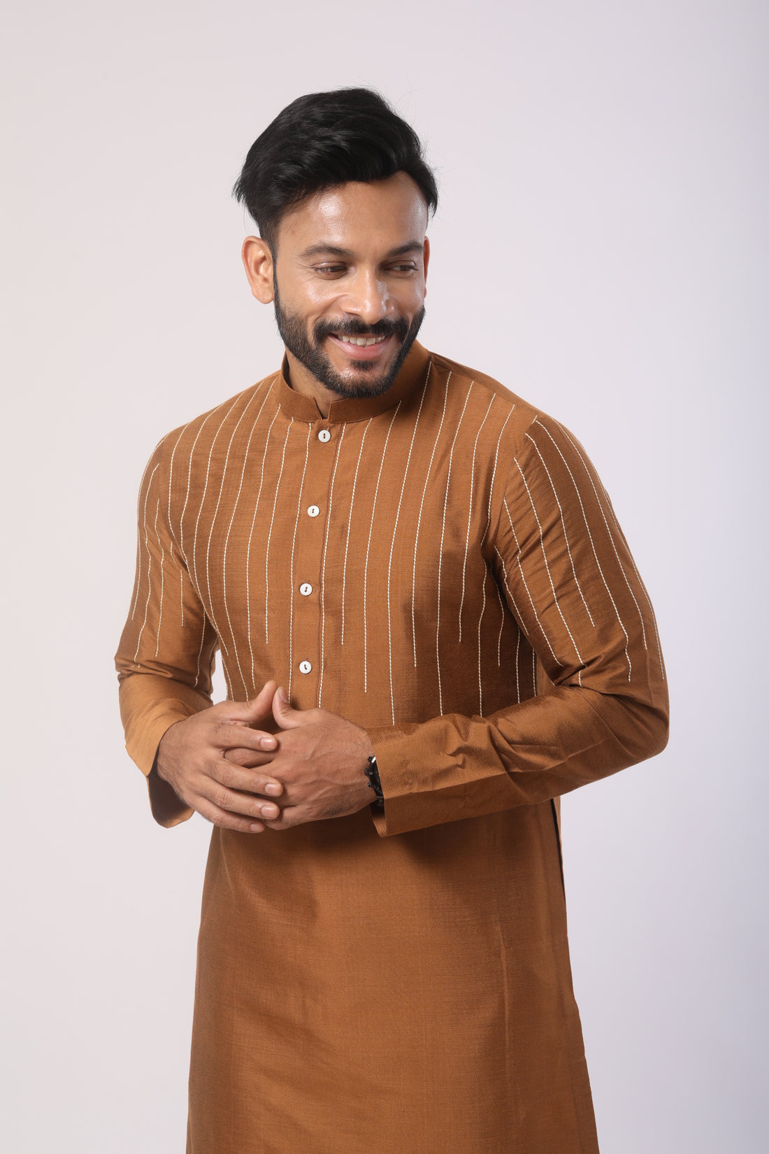 Brown Katan Silk Kurta with White Lycra Satin Pants