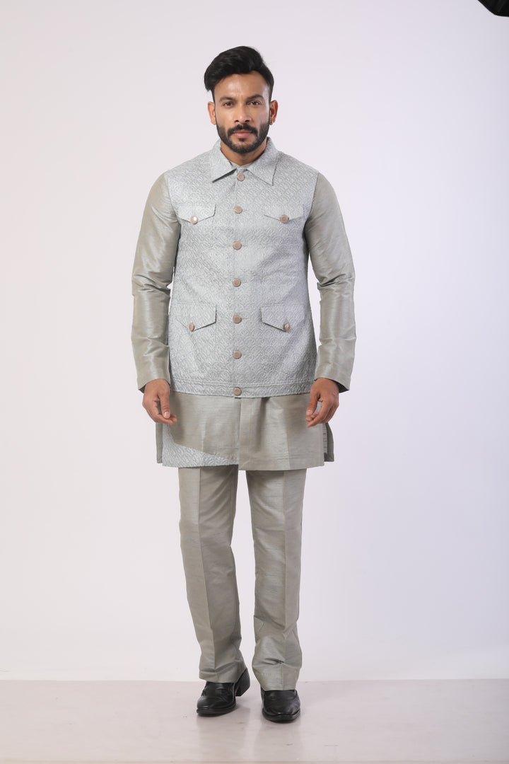 Grey Seltos Kurta Set with Embroidered Nehru Jacket