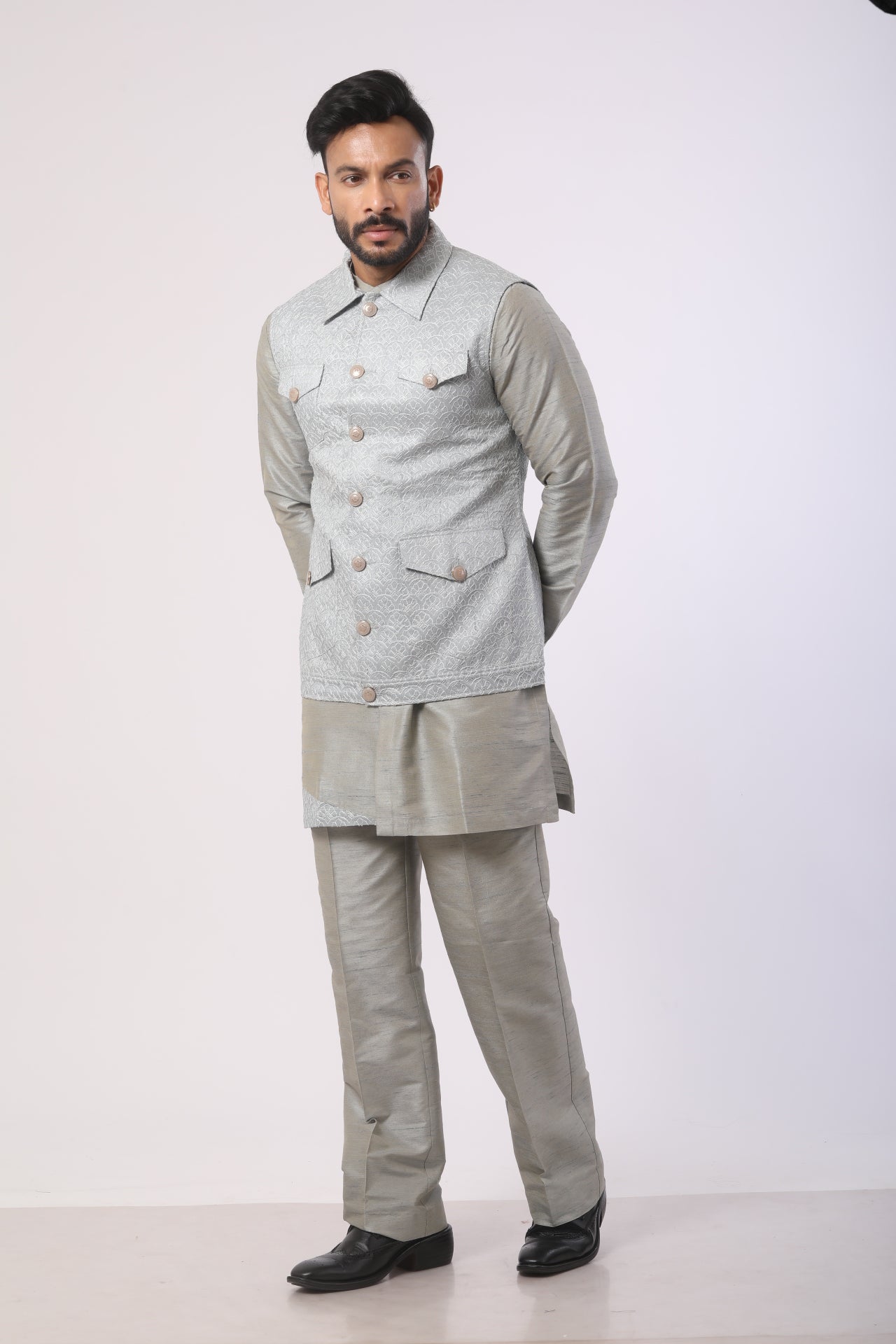 Grey Seltos Kurta Set with Embroidered Nehru Jacket