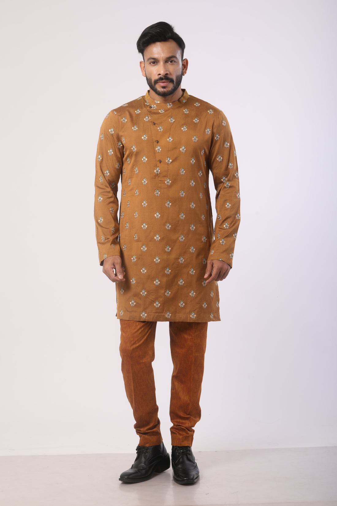 Rust Orange Katan Silk Kurta Set with Embroidery Work