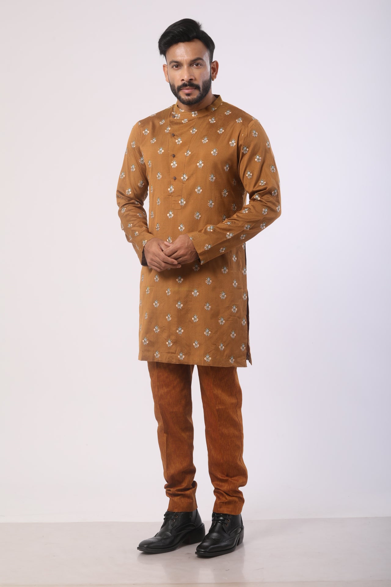 Rust Orange Katan Silk Kurta Set with Embroidery Work