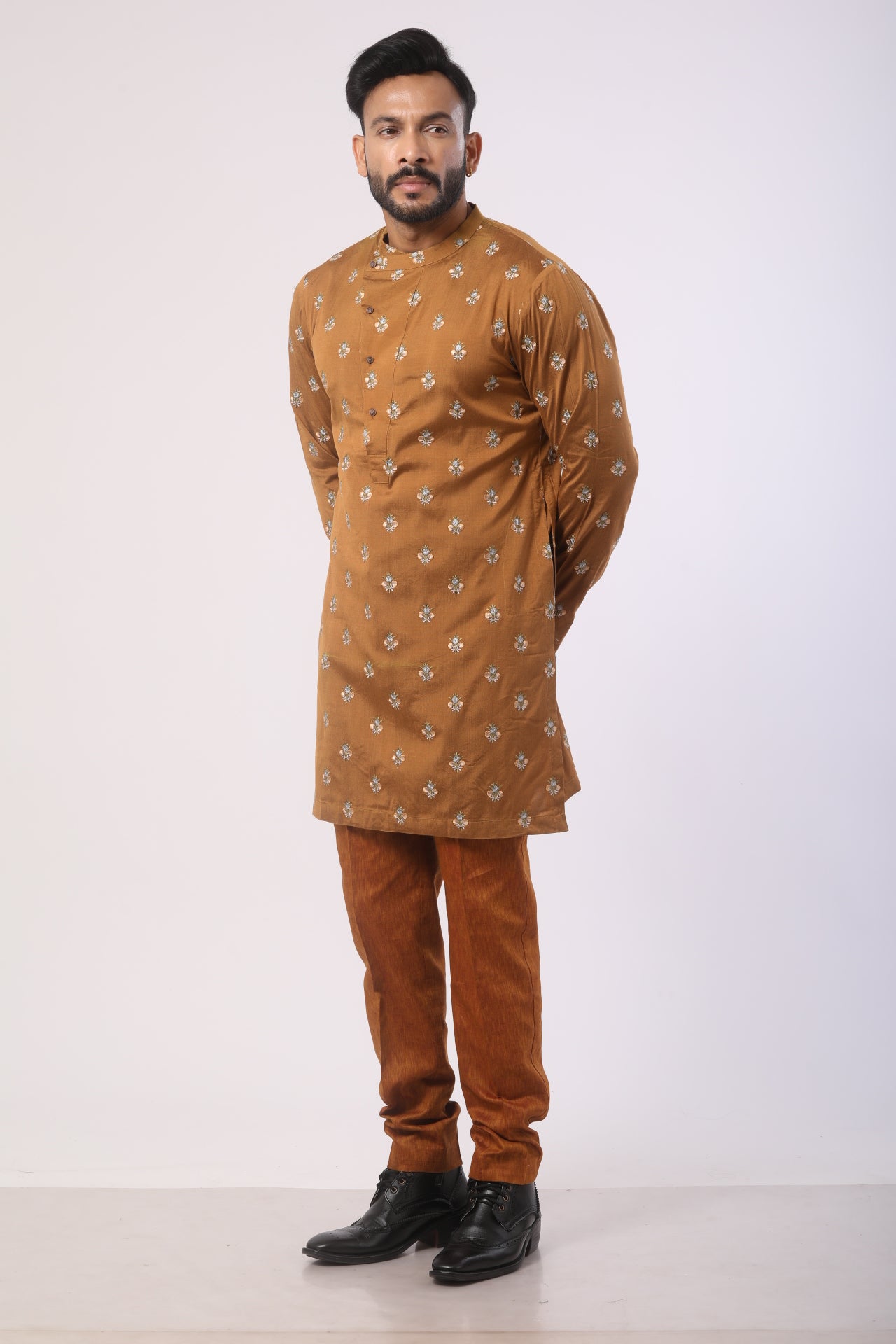 Rust Orange Katan Silk Kurta Set with Embroidery Work