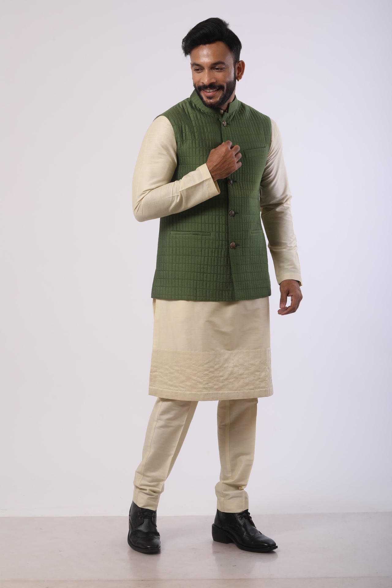 Avocado Green Quilted Nehru Jacket with Bone Brown Katan Silk Kurta Set