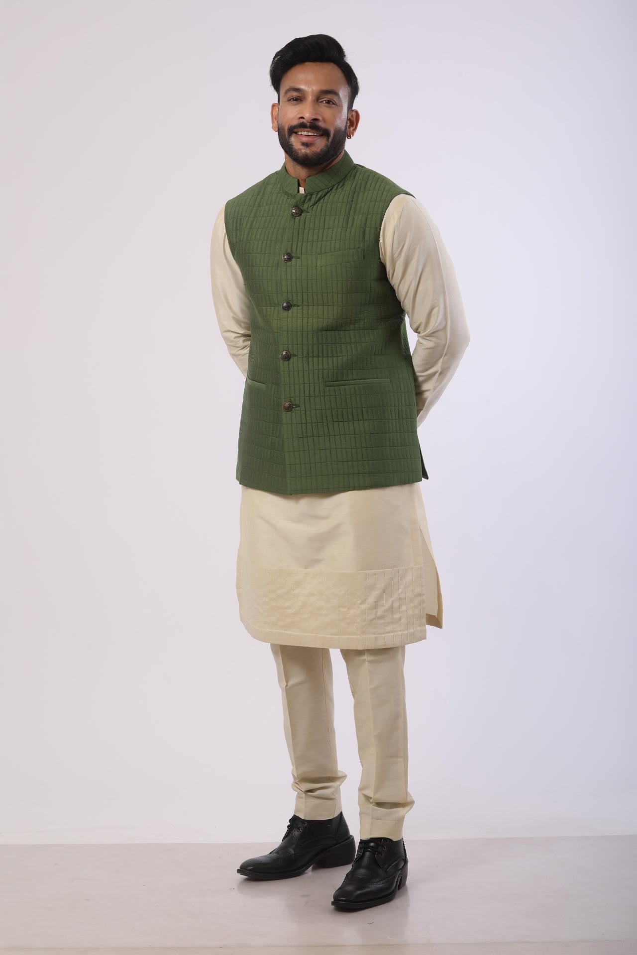 Avocado Green Quilted Nehru Jacket with Bone Brown Katan Silk Kurta Set