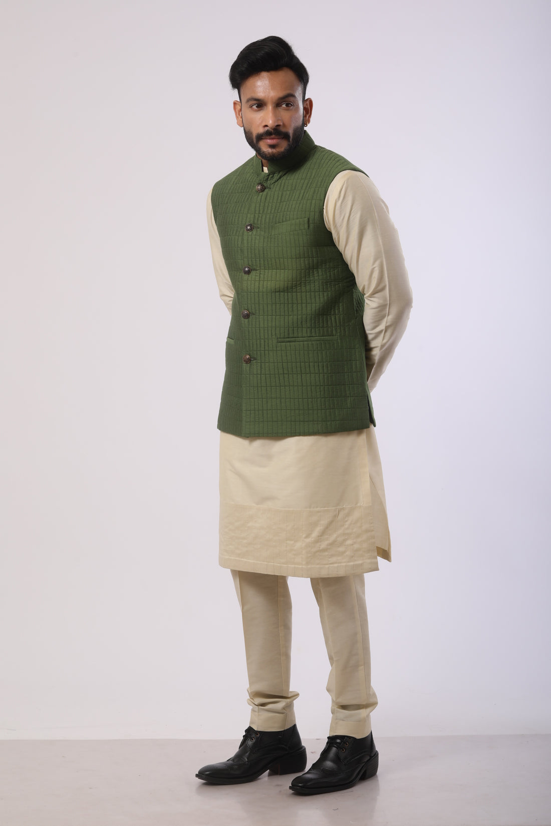 Avocado Green Quilted Nehru Jacket with Bone Brown Katan Silk Kurta Set