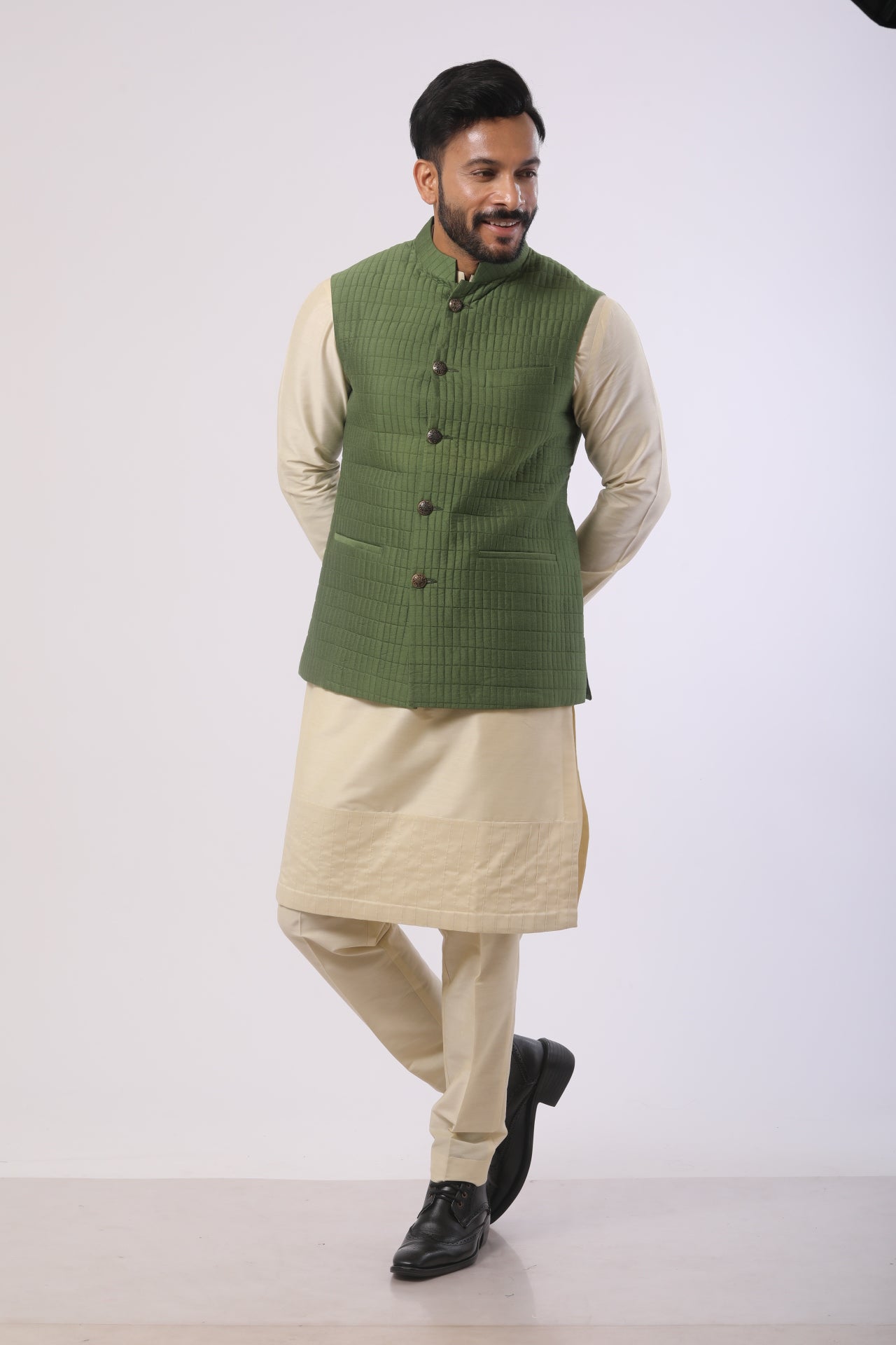 Avocado Green Quilted Nehru Jacket with Bone Brown Katan Silk Kurta Set