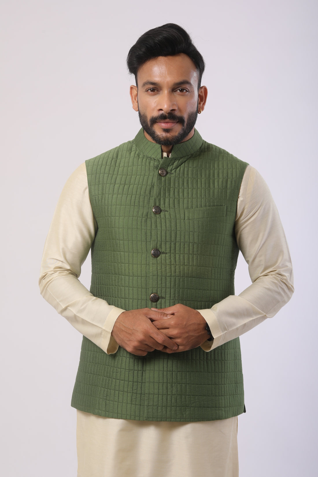 Avocado Green Quilted Nehru Jacket with Bone Brown Katan Silk Kurta Set