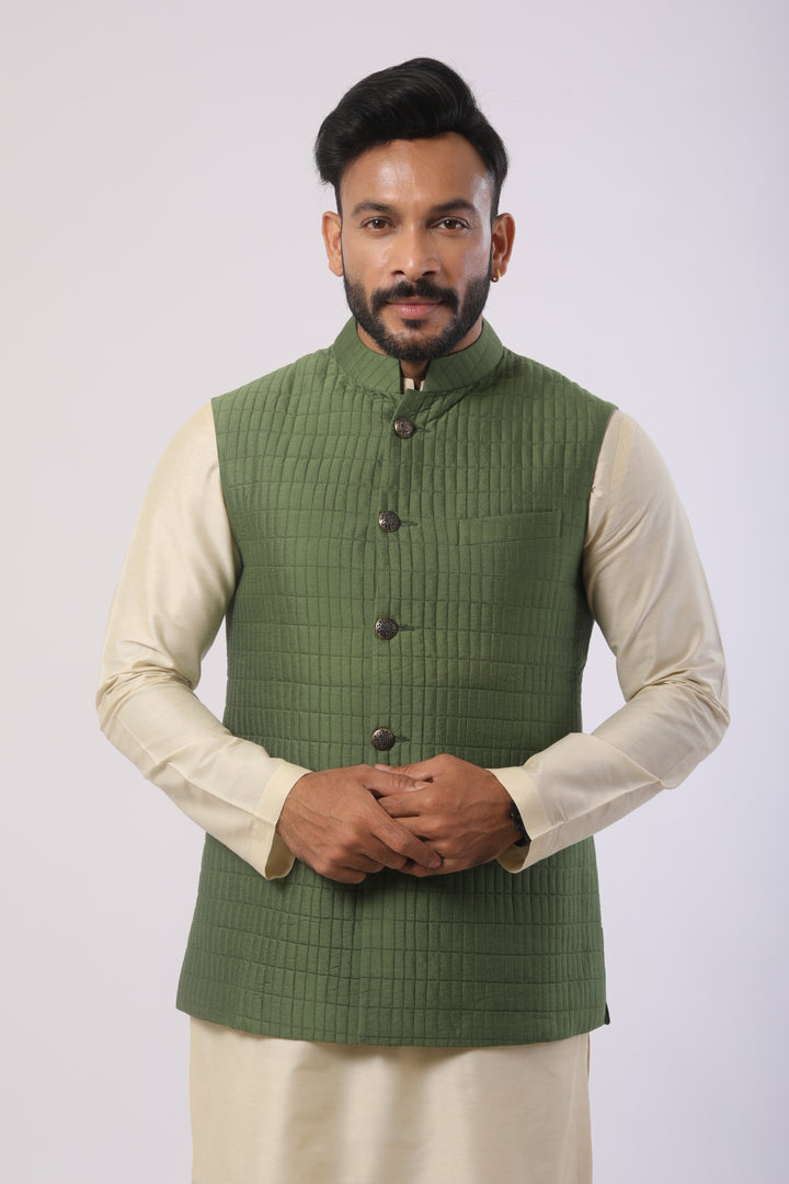 Avocado Green Quilted Nehru Jacket with Bone Brown Katan Silk Kurta Set