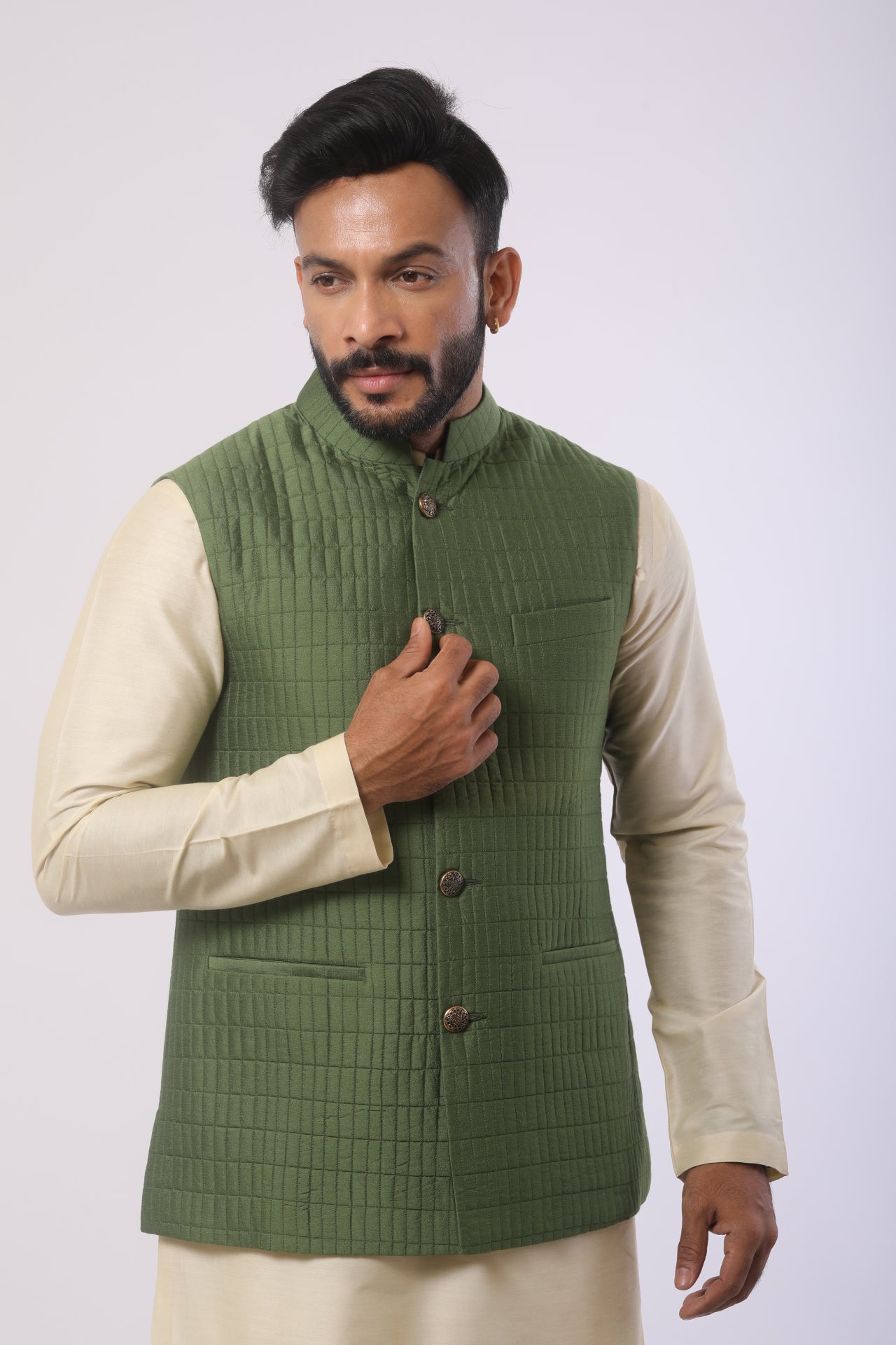 Avocado Green Quilted Nehru Jacket with Bone Brown Katan Silk Kurta Set