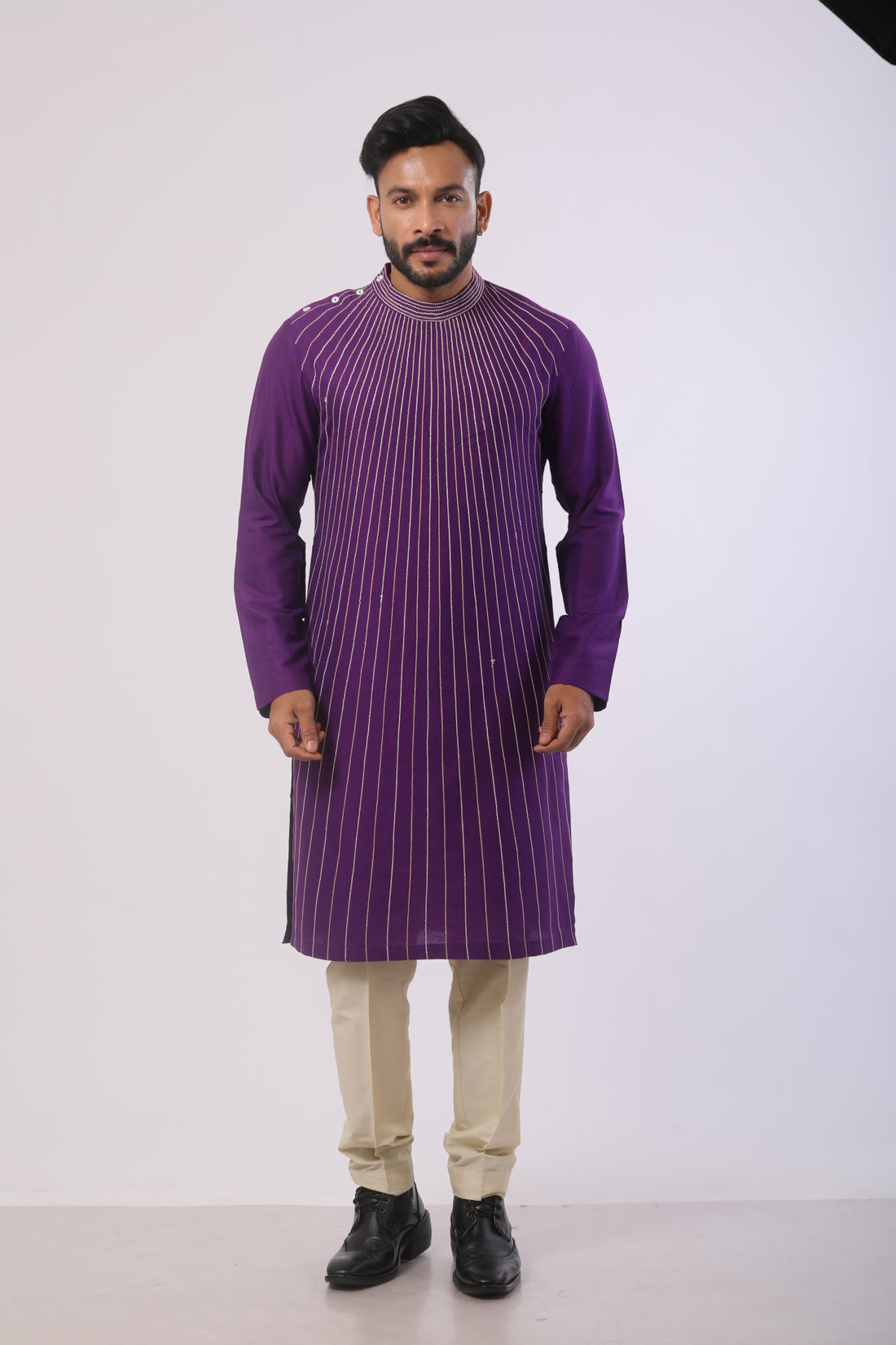 Violet Katan Kurta Set with Off White Pant