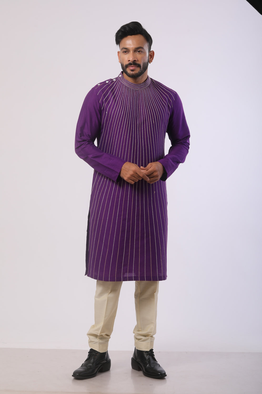 Violet Katan Kurta Set with Off White Pant