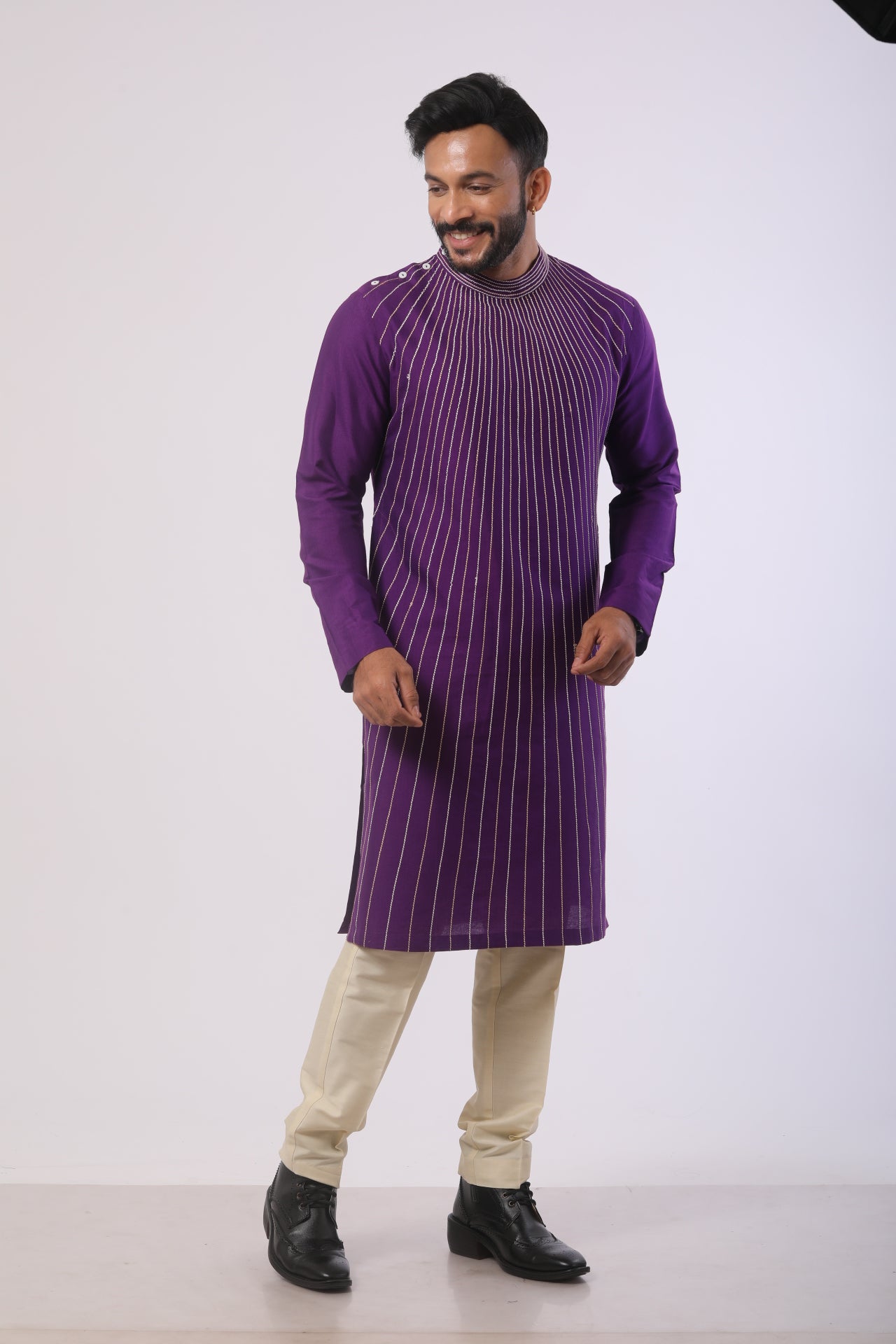 Violet Katan Kurta Set with Off White Pant