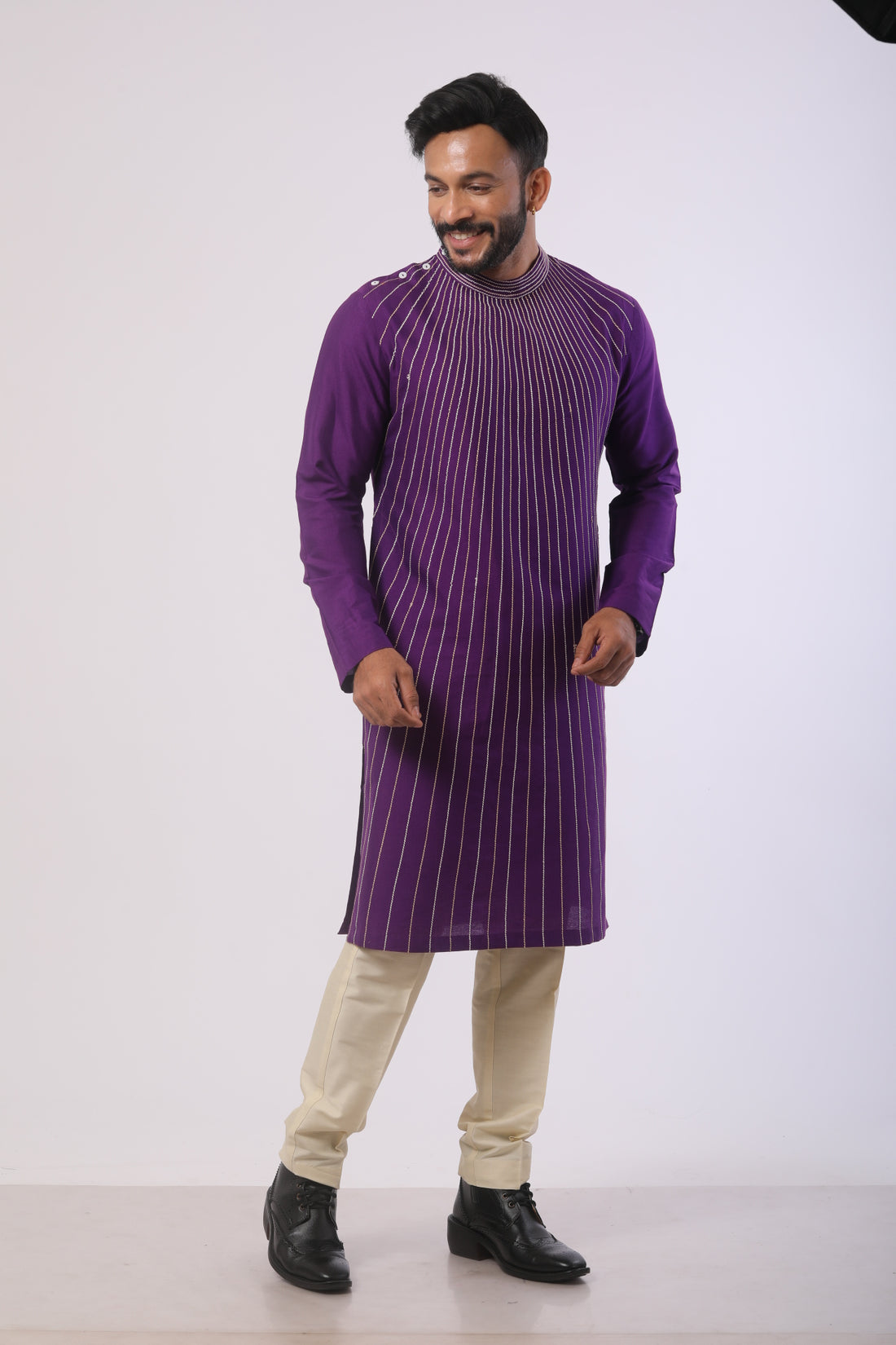 Violet Katan Kurta Set with Off White Pant