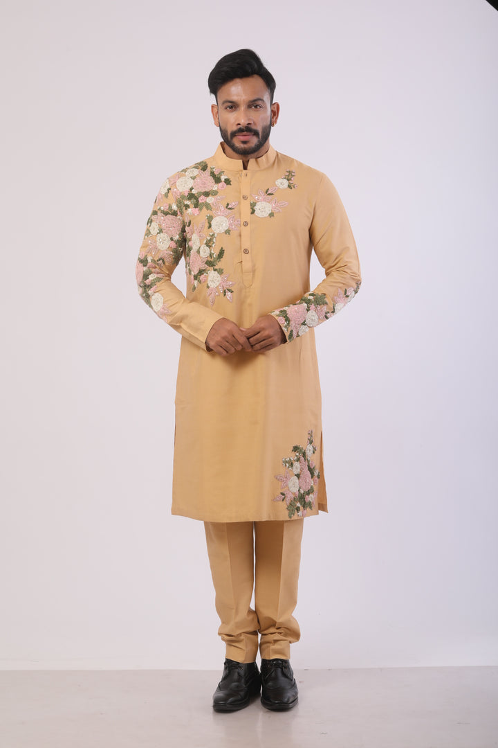 Beige Katan Silk Embroidered Kurta Set