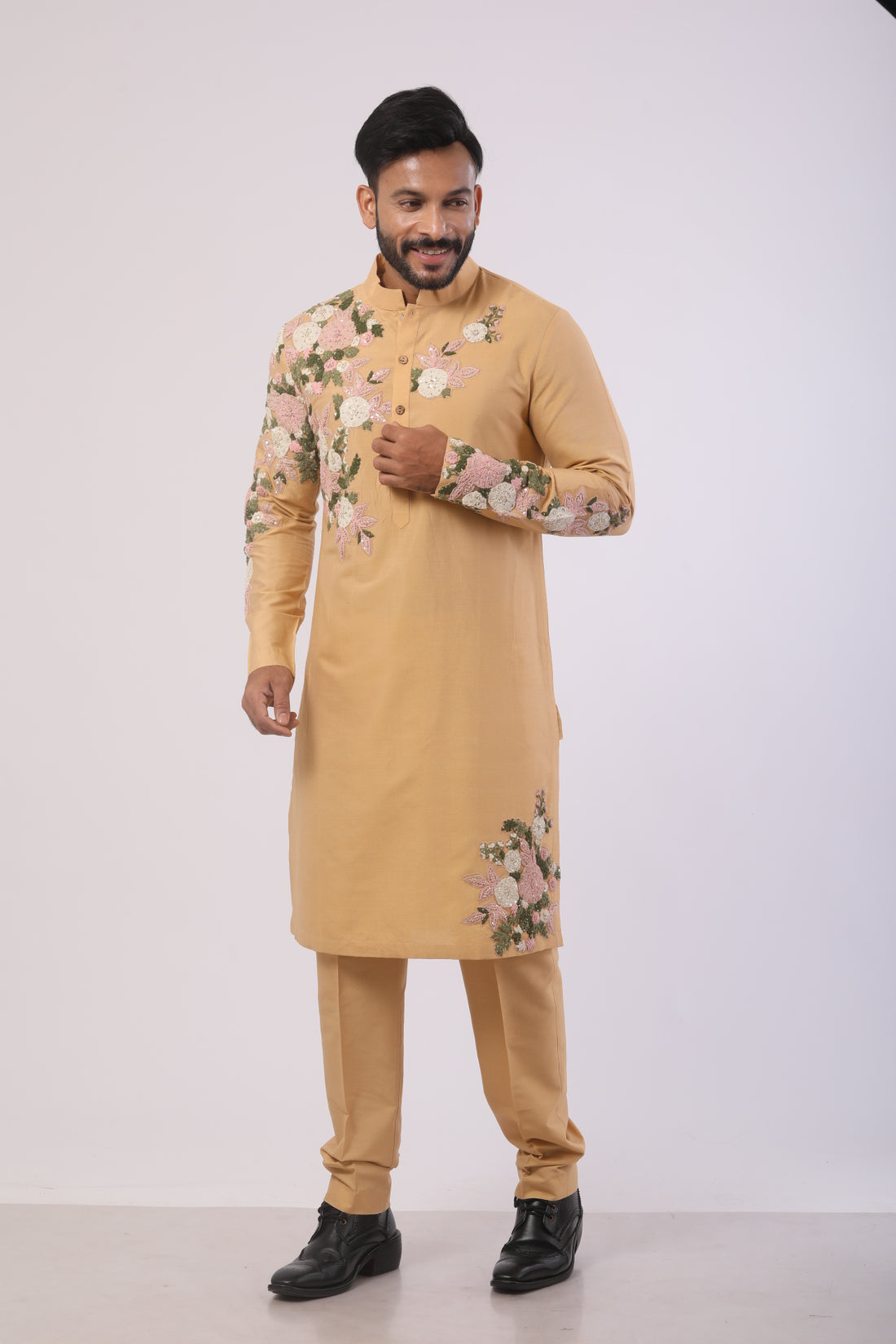 Beige Katan Silk Embroidered Kurta Set