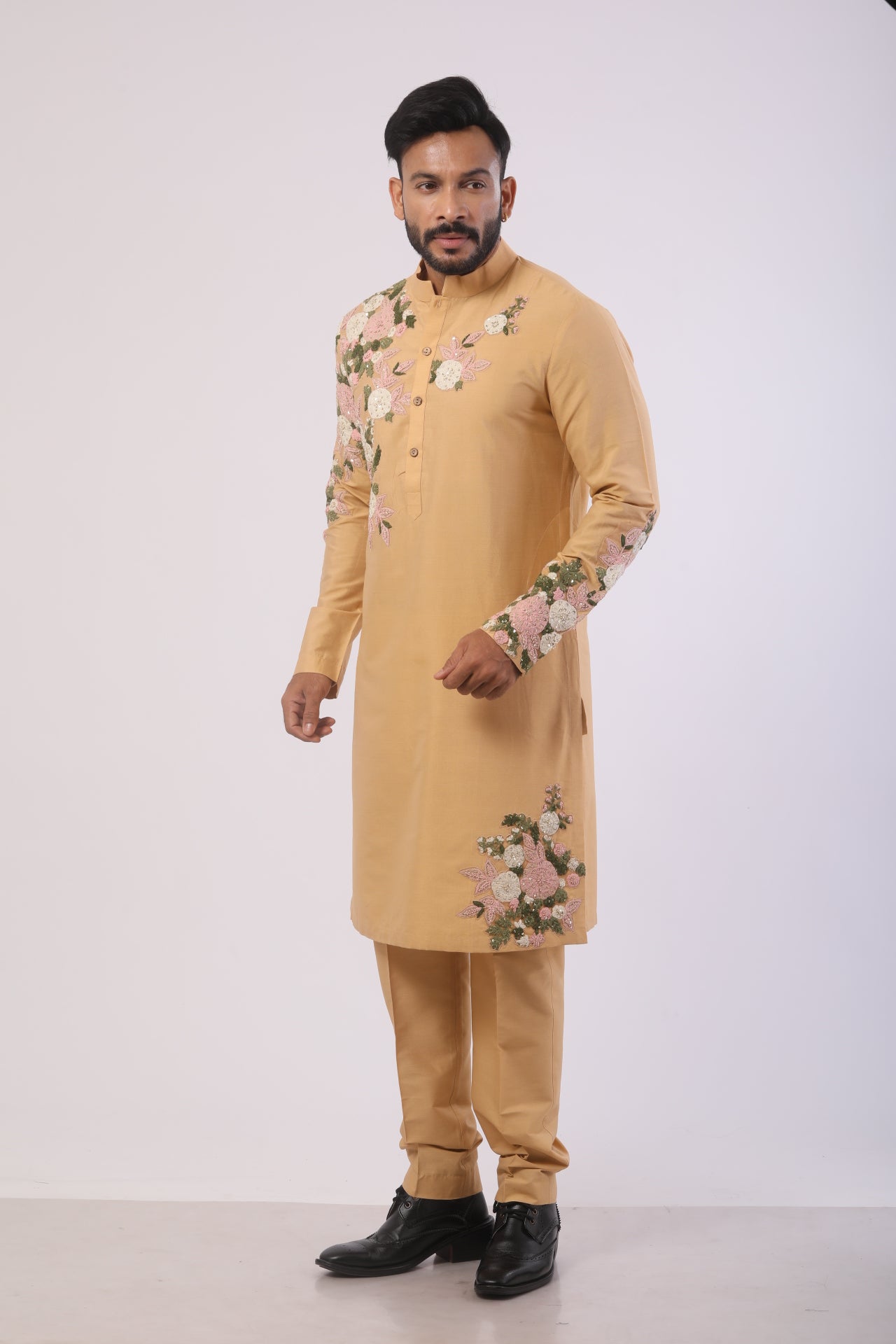 Beige Katan Silk Embroidered Kurta Set