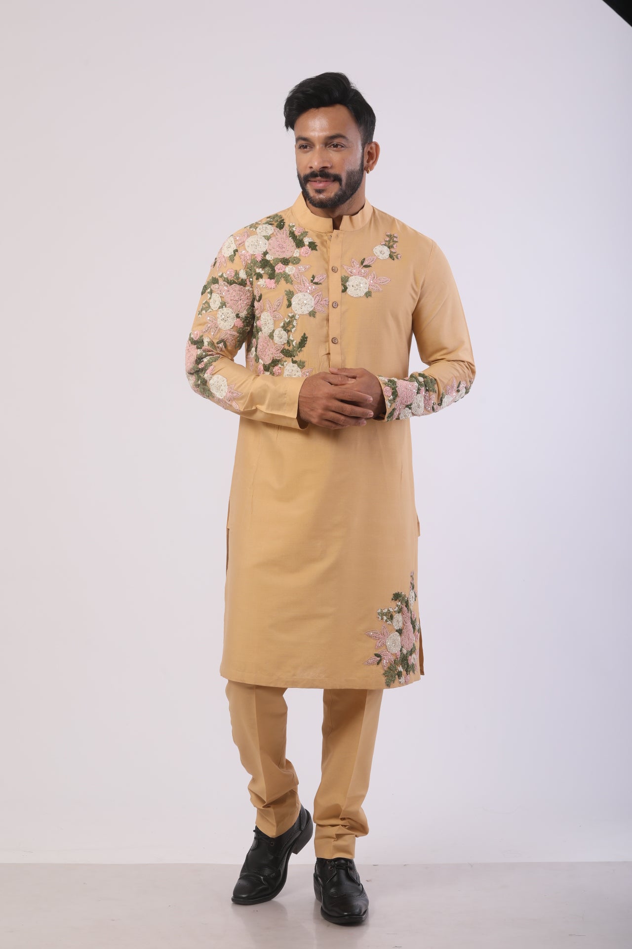 Beige Katan Silk Embroidered Kurta Set