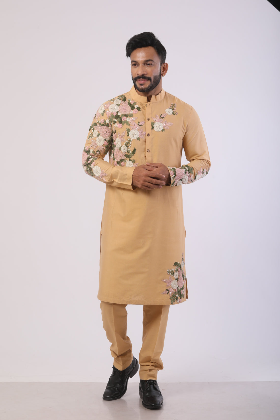 Beige Katan Silk Embroidered Kurta Set